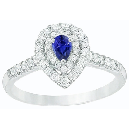 Double Halo Sri Lankan Sapphire Ring Pear & Natural Earth Mined Diamonds 3 Carats