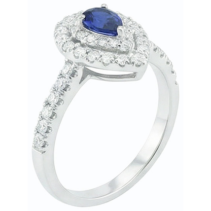 Double Halo Sri Lankan Sapphire Ring Pear & Natural Earth Mined Diamonds 3 Carats