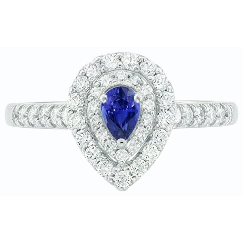 Double Halo Sri Lankan Sapphire Ring Pear & Natural Earth Mined Diamonds 3 Carats