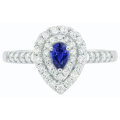 Double Halo Sri Lankan Sapphire Ring Pear & Natural Earth Mined Diamonds 3 Carats