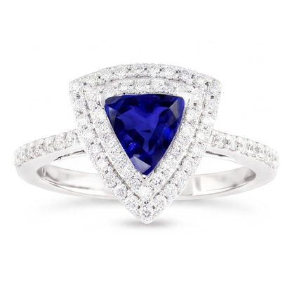 Double Halo Trillion Blue Sapphire Ring 2 Carats Accented Natural Earth Mined Diamonds