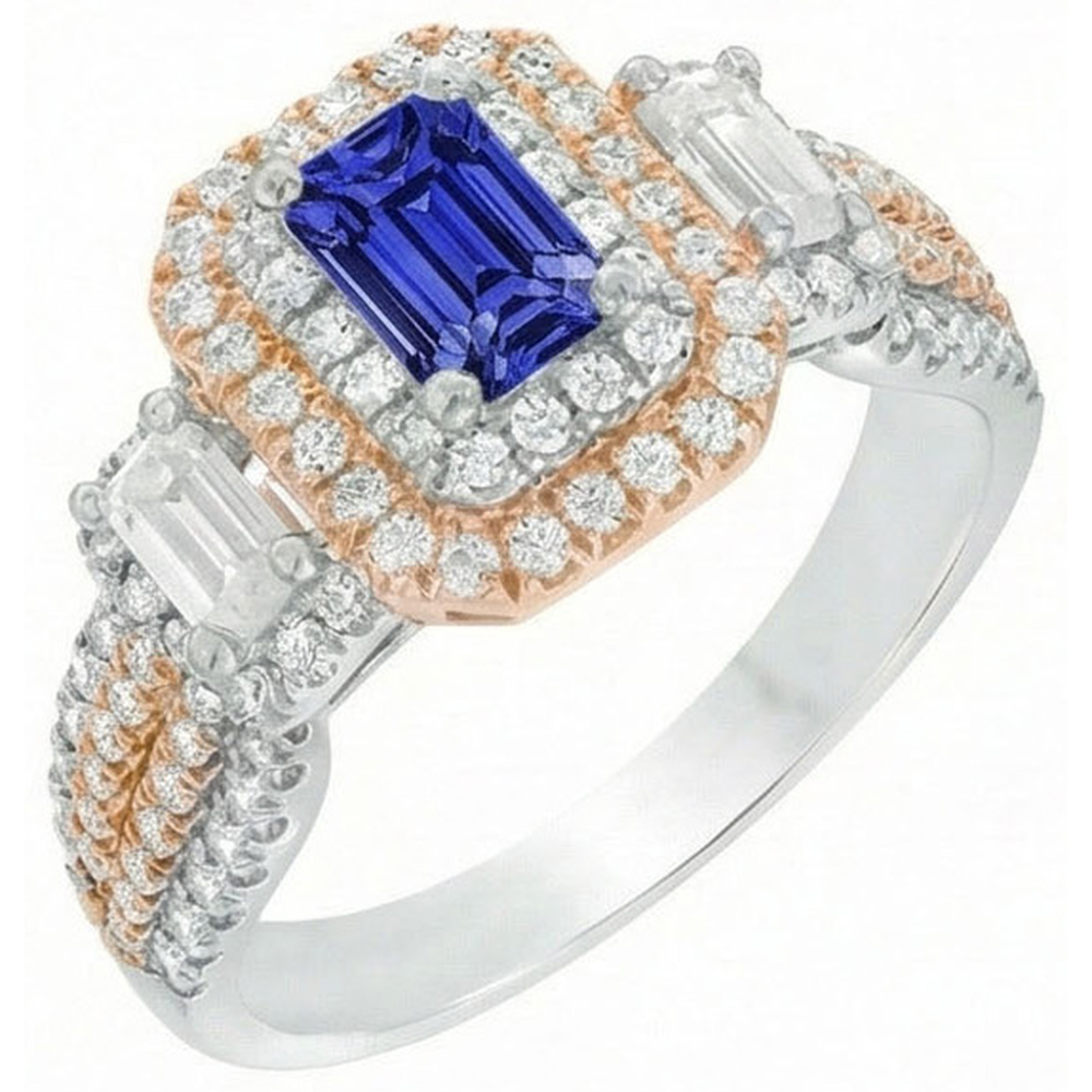 Double Halo Two Tone Blue Sapphire Ring Emerald & Natural Earth Mined Diamonds 4 Carats