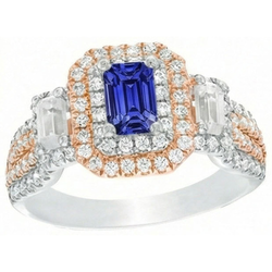 Double Halo Two Tone Blue Sapphire Ring Emerald & Natural Earth Mined Diamonds 4 Carats