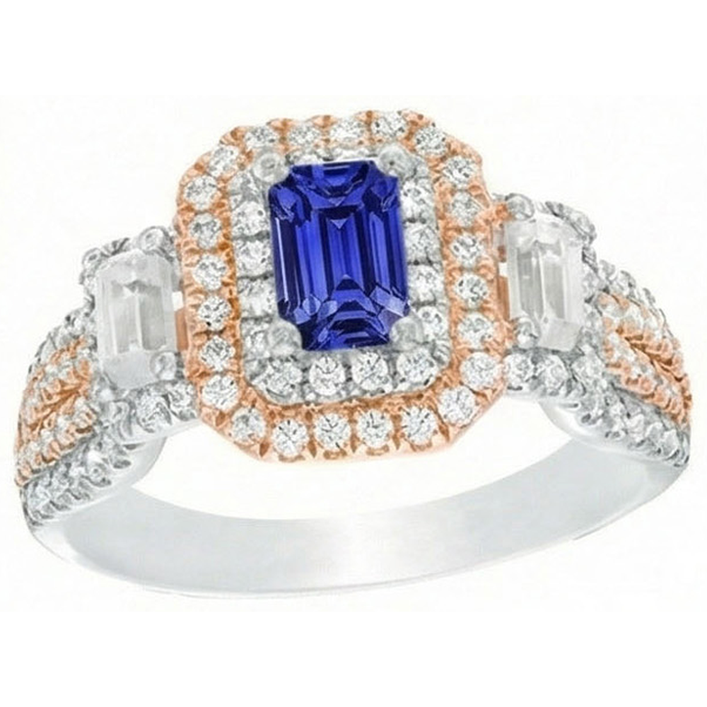 Double Halo Two Tone Blue Sapphire Ring Emerald & Natural Earth Mined Diamonds 4 Carats