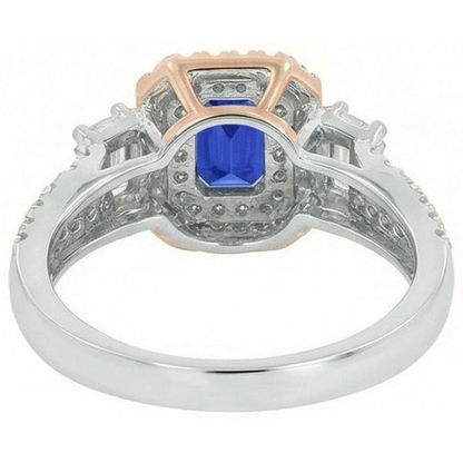 Double Halo Two Tone Blue Sapphire Ring Emerald & Natural Earth Mined Diamonds 4 Carats