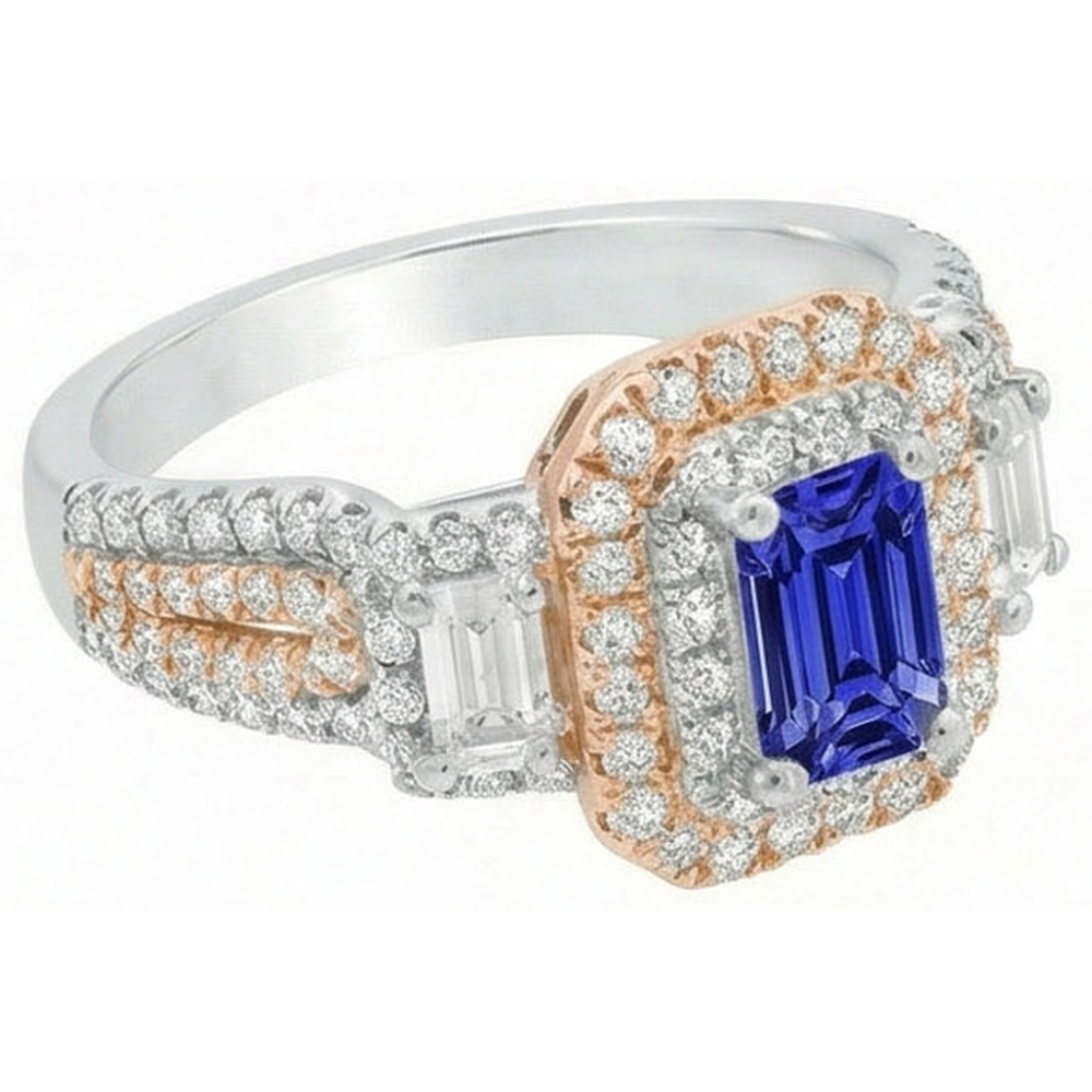 Double Halo Two Tone Blue Sapphire Ring Emerald & Natural Earth Mined Diamonds 4 Carats