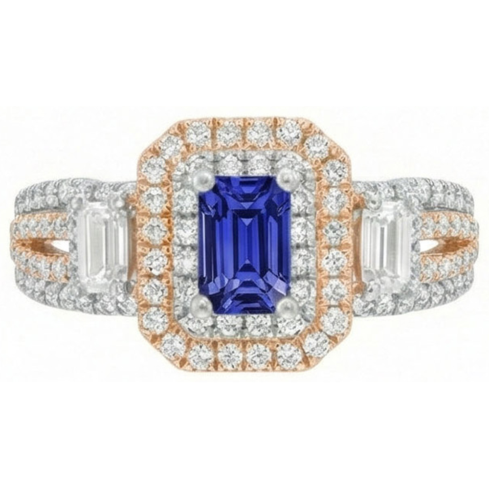 Double Halo Two Tone Blue Sapphire Ring Emerald & Natural Earth Mined Diamonds 4 Carats