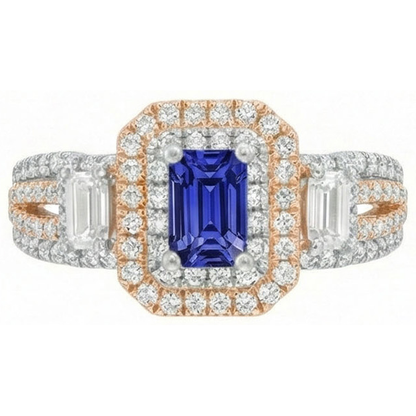 Double Halo Two Tone Blue Sapphire Ring Emerald & Natural Earth Mined Diamonds 4 Carats
