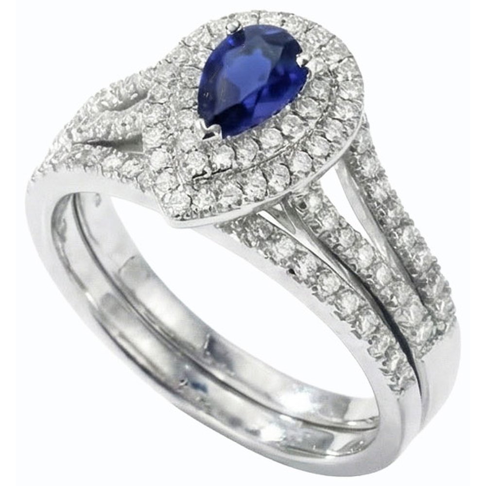 Double Halo Wedding Ring Set Pear Blue Sapphire & Natural Earth Mined Diamonds 4.50 Carats