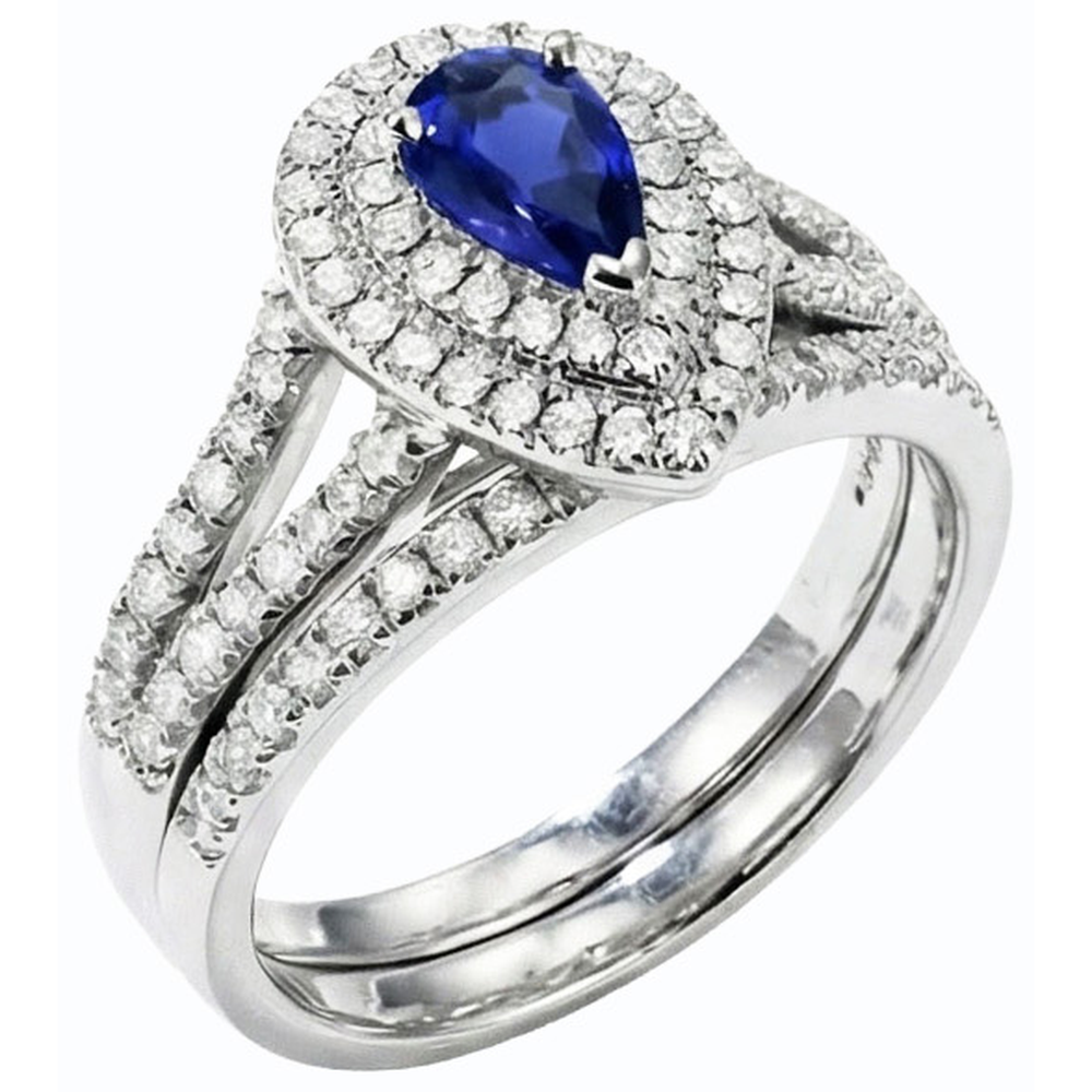 Double Halo Wedding Ring Set Pear Blue Sapphire & Natural Earth Mined Diamonds 4.50 Carats