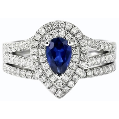 Double Halo Wedding Ring Set Pear Blue Sapphire & Natural Earth Mined Diamonds 4.50 Carats
