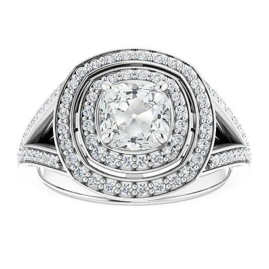 Double Halo Cushion Old Cut Diamond Ring Split Shank 5.50 Carats