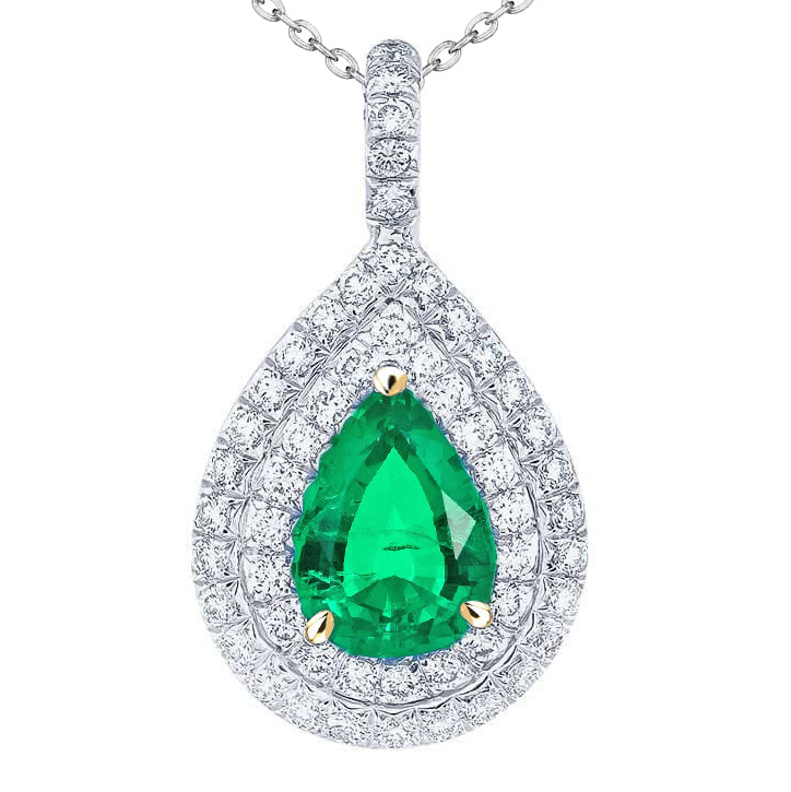 Double Halo Pear Green Emerald Necklace Gemstone Halo Jewelry