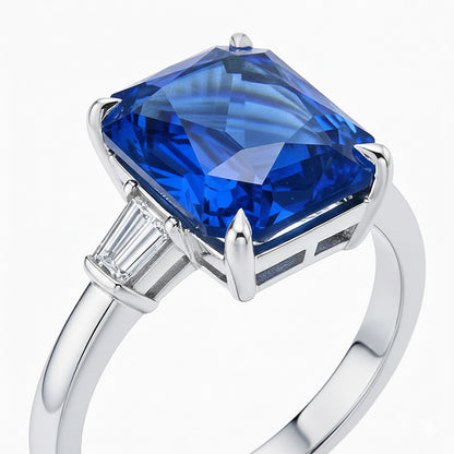 Eagle Claws IGI CERTIFIED Diamond Ring Prong Set Radiant Blue Sapphire 7 Ct Gold 14K