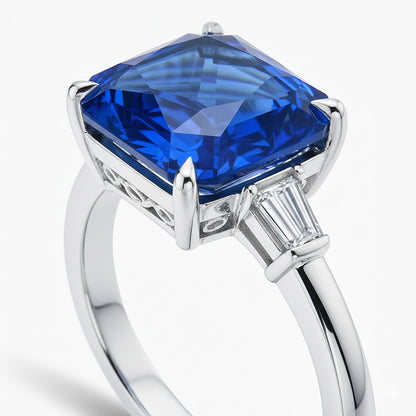 Eagle Claws IGI CERTIFIED Diamond Ring Prong Set Radiant Blue Sapphire 7 Ct Gold 14K