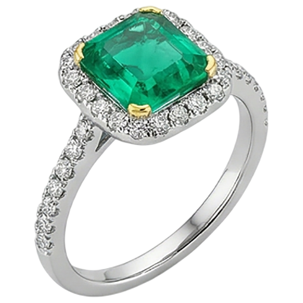 Natural Real ( Not Lab Grown ) Elegant Green Emerald GIA Wedding Ring Two Tone Gold V-Prong Set