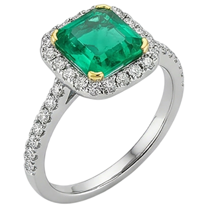 Natural Real ( Not Lab Grown ) Elegant Green Emerald GIA Wedding Ring Two Tone Gold V-Prong Set