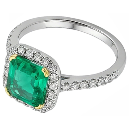 Natural Real ( Not Lab Grown ) Elegant Green Emerald GIA Wedding Ring Two Tone Gold V-Prong Set