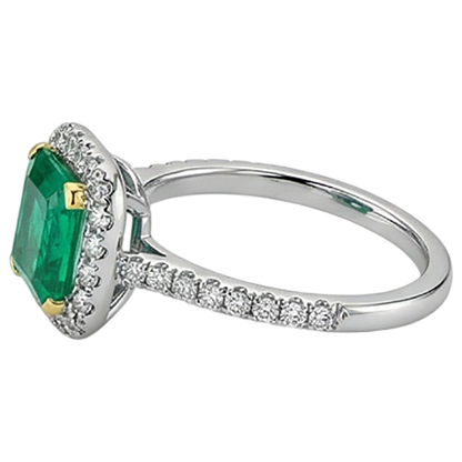 Natural Real ( Not Lab Grown ) Elegant Green Emerald GIA Wedding Ring Two Tone Gold V-Prong Set