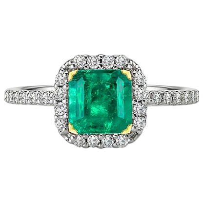 Natural Real ( Not Lab Grown ) Elegant Green Emerald GIA Wedding Ring Two Tone Gold V-Prong Set