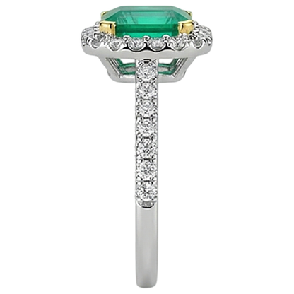 Natural Real ( Not Lab Grown ) Elegant Green Emerald GIA Wedding Ring Two Tone Gold V-Prong Set