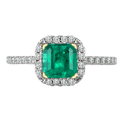 Elegant Green Emerald Wedding Ring Two Tone Gold V-Prong Set