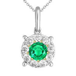 Elegant Round Green Emerald Pendant Real Diamond Necklace Gold 14K