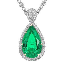 Natural Real ( Not Lab Grown ) Elegant Halo Pear Green Emerald GIA Pendant Anniversary Necklace