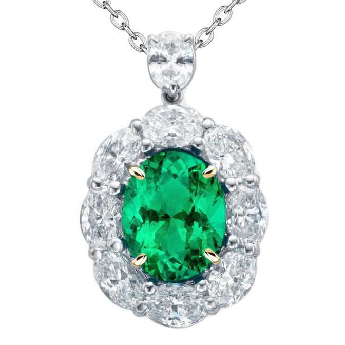 Elegant Ladies Halo Oval Gemstone Pendant Green Emerald