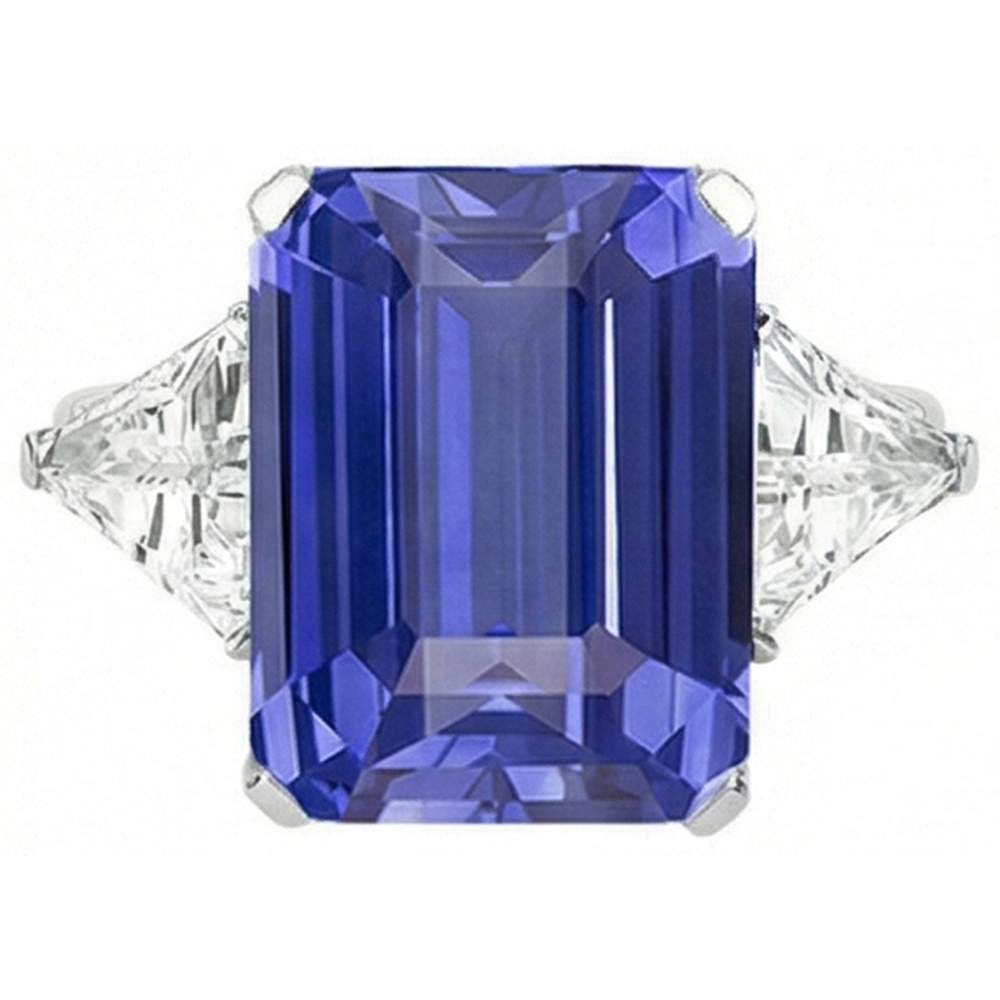 Emerald 3 Stone Ceylon Sapphire Ring With Trillion Natural Earth Mined Diamond 3.50 Carats