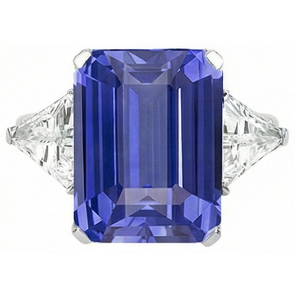 Emerald 3 Stone Ceylon Sapphire Ring With Trillion Natural Earth Mined Diamond 3.50 Carats