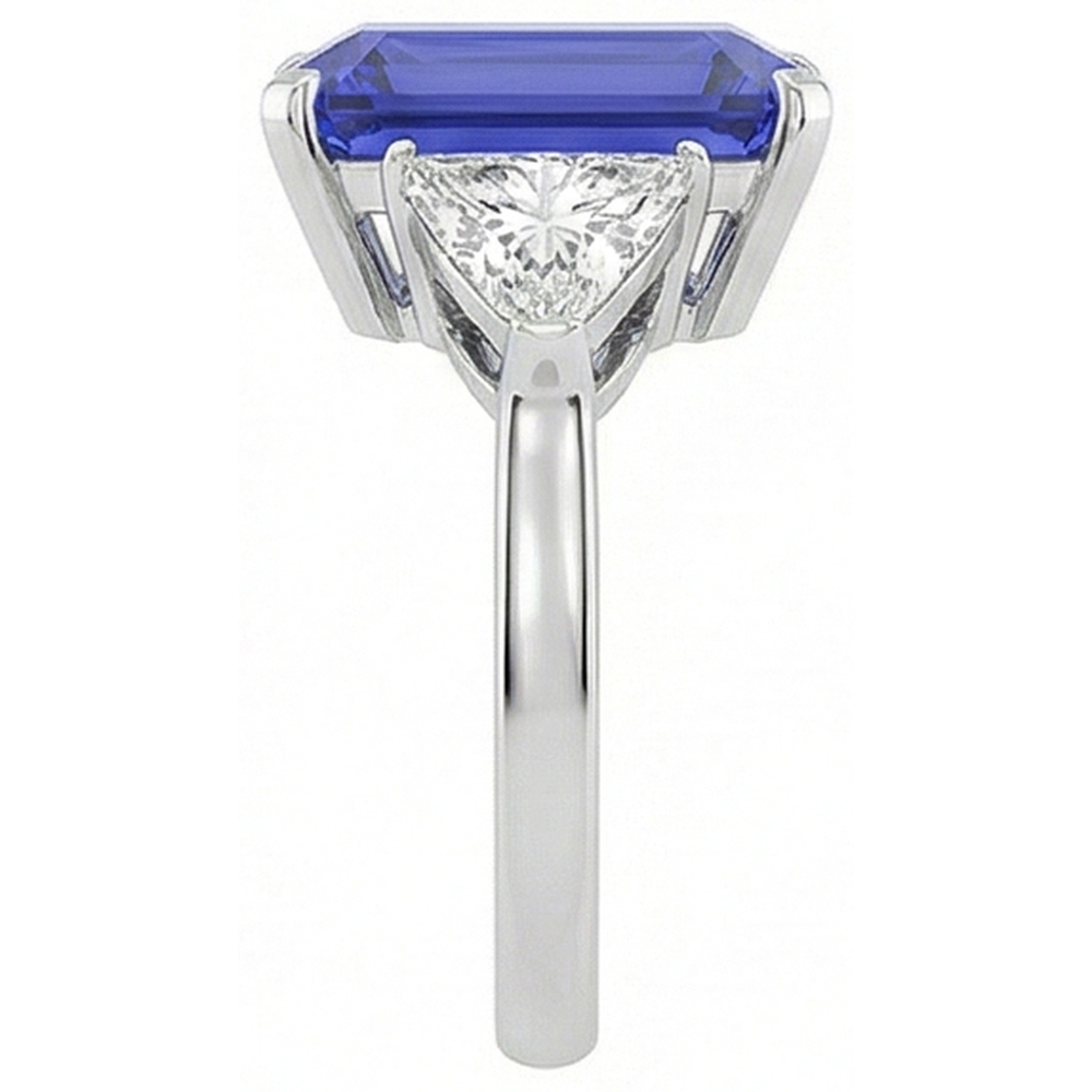 Emerald 3 Stone Ceylon Sapphire Ring With Trillion Natural Earth Mined Diamond 3.50 Carats