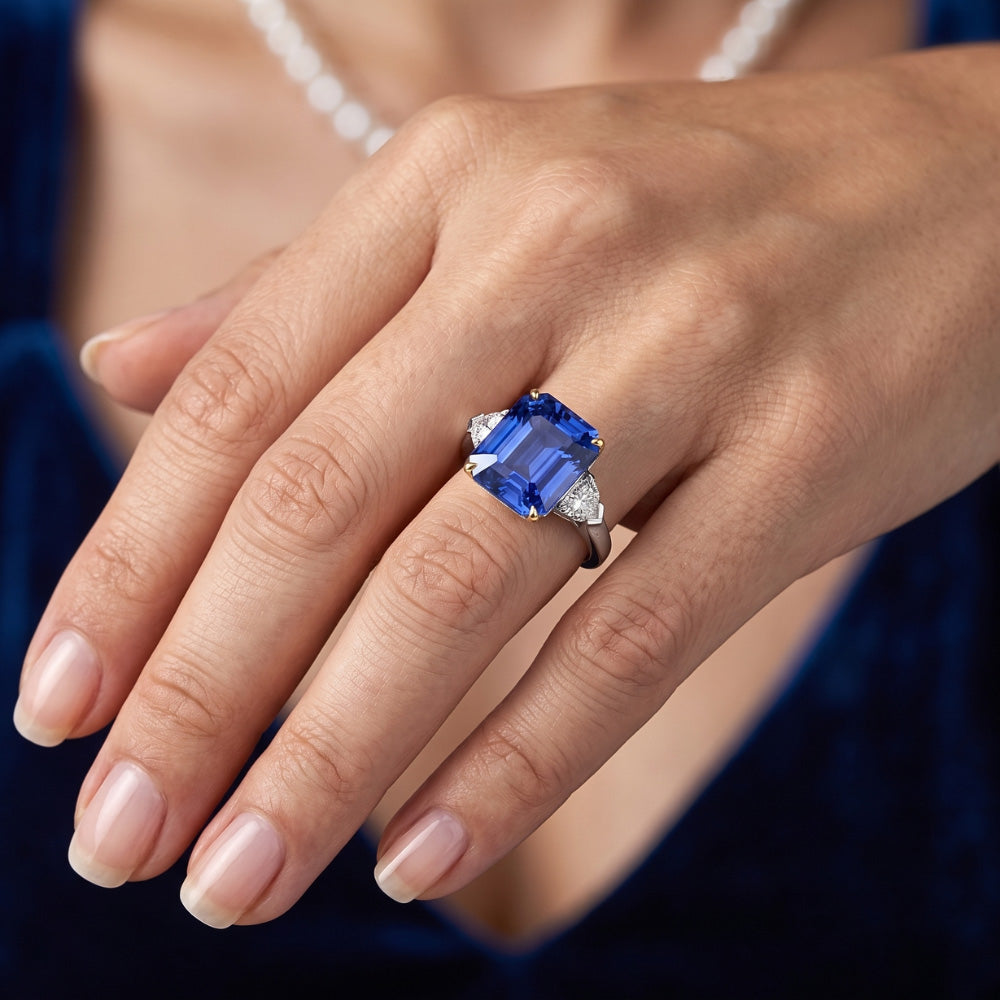 Emerald 3 Stone Natural Earth Mined Diamond Ring Blue Sapphire 5 Carats Two Tone Gold