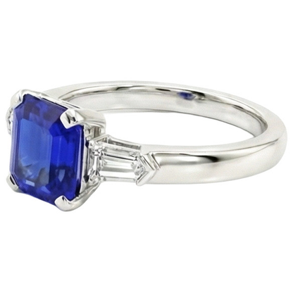 Emerald 3 Stone Natural Earth Mined Diamond Sapphire Ring 1.75 Carats Tapered Baguettes