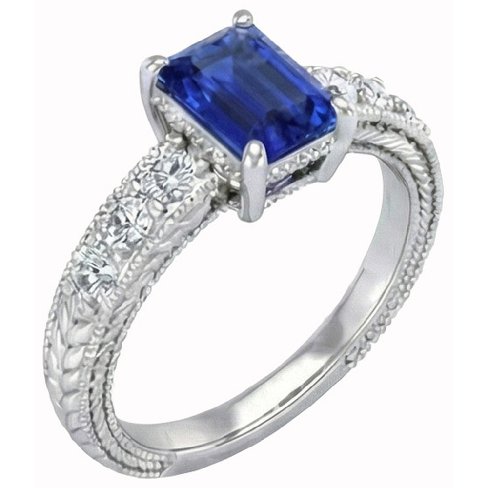 Emerald And Round Cut 2.10 Ct Sri Lanka Sapphire Natural Earth Mined Diamonds Ring Gold