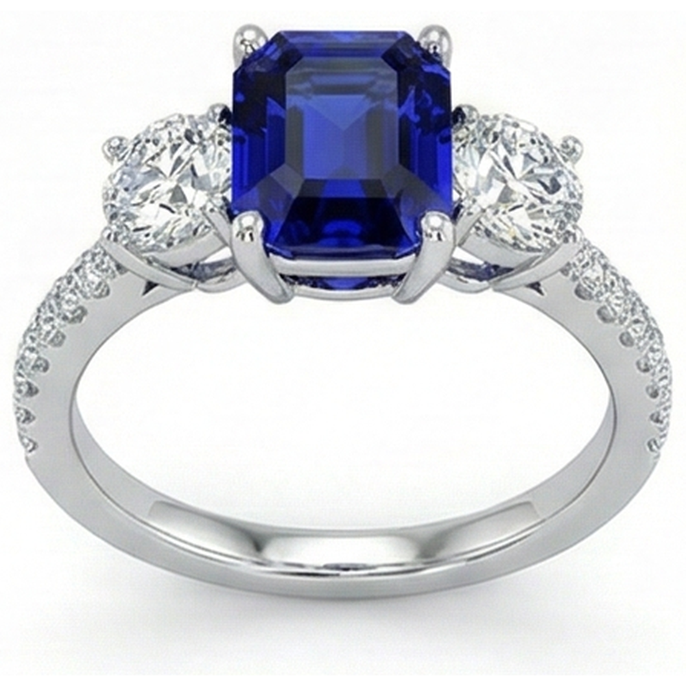 Natural Real ( Not Lab Grown )  Emerald Blue Sapphire 3 Stone Style Ring With Accents 7 Ct Gold 14K