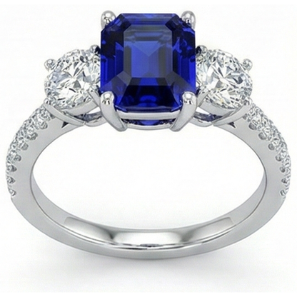 Natural Real ( Not Lab Grown )  Emerald Blue Sapphire 3 Stone Style Ring With Accents 7 Ct Gold 14K