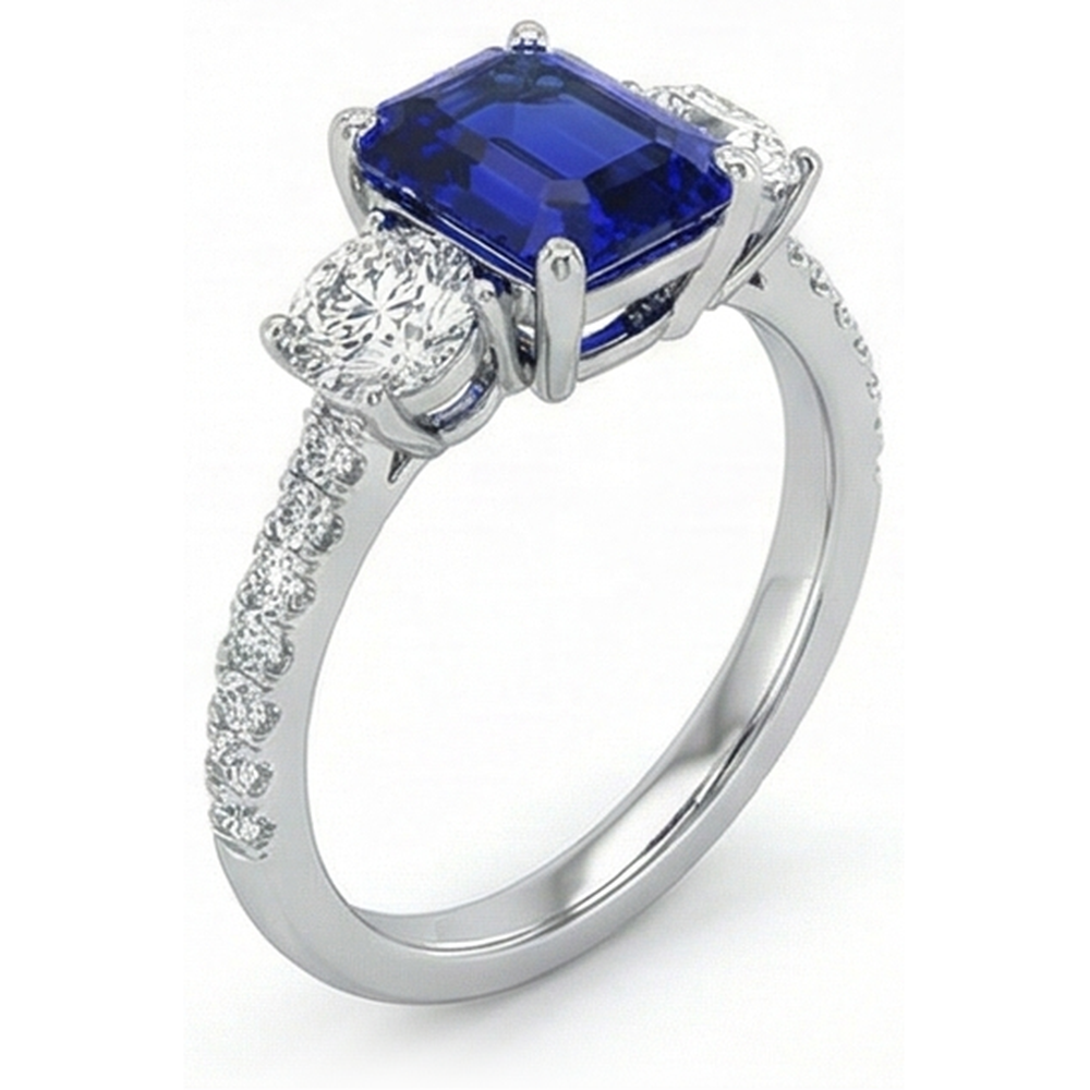 Natural Real ( Not Lab Grown )  Emerald Blue Sapphire 3 Stone Style Ring With Accents 7 Ct Gold 14K