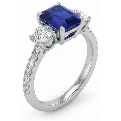 Natural Real ( Not Lab Grown )  Emerald Blue Sapphire 3 Stone Style Ring With Accents 7 Ct Gold 14K