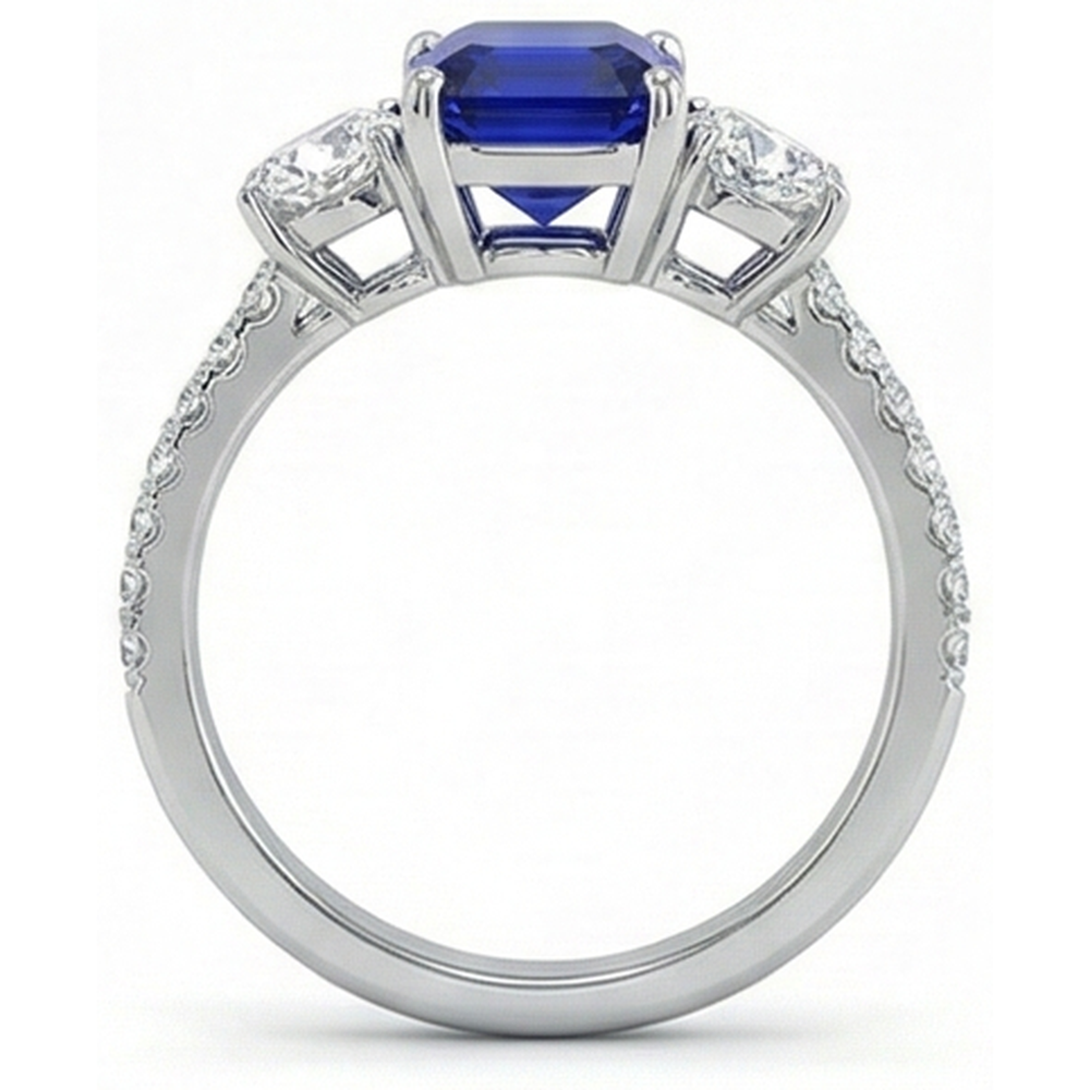 Natural Real ( Not Lab Grown )  Emerald Blue Sapphire 3 Stone Style Ring With Accents 7 Ct Gold 14K