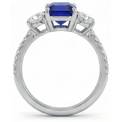 Natural Real ( Not Lab Grown )  Emerald Blue Sapphire 3 Stone Style Ring With Accents 7 Ct Gold 14K