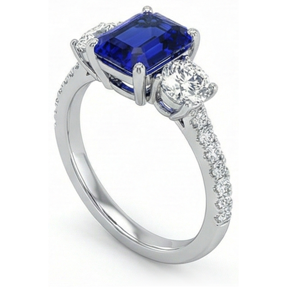 Natural Real ( Not Lab Grown )  Emerald Blue Sapphire 3 Stone Style Ring With Accents 7 Ct Gold 14K