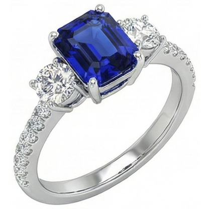 Natural Real ( Not Lab Grown )  Emerald Blue Sapphire 3 Stone Style Ring With Accents 7 Ct Gold 14K