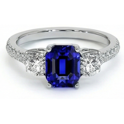 Natural Real ( Not Lab Grown )  Emerald Blue Sapphire 3 Stone Style Ring With Accents 7 Ct Gold 14K