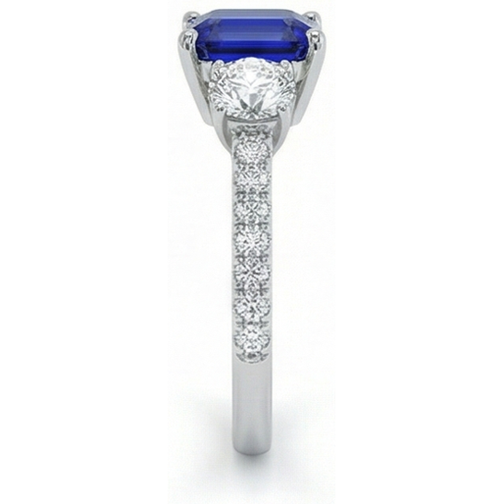Natural Real ( Not Lab Grown )  Emerald Blue Sapphire 3 Stone Style Ring With Accents 7 Ct Gold 14K