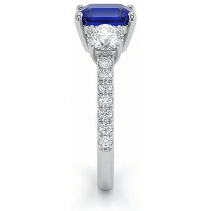 Natural Real ( Not Lab Grown )  Emerald Blue Sapphire 3 Stone Style Ring With Accents 7 Ct Gold 14K