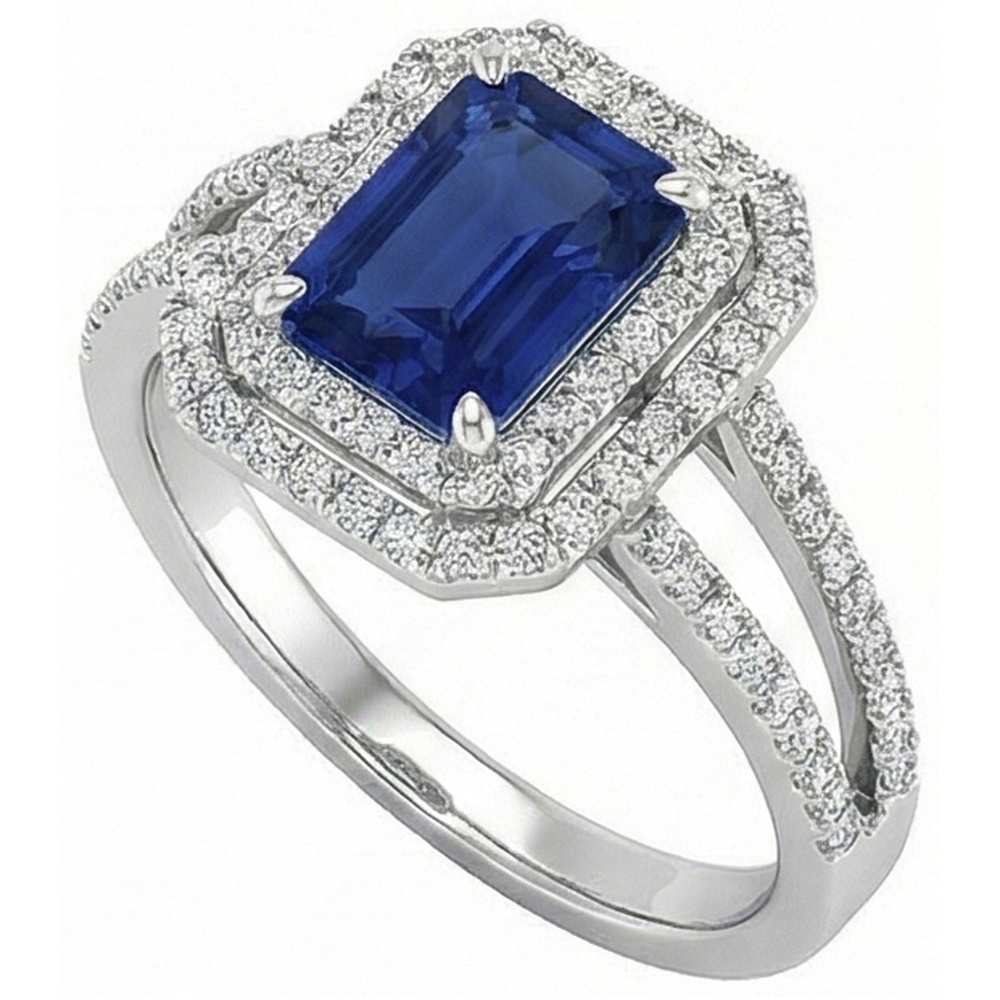 Emerald Ceylon Sapphire Jewelry Natural Earth Mined Diamond Ring White Gold 14K 3 Carats