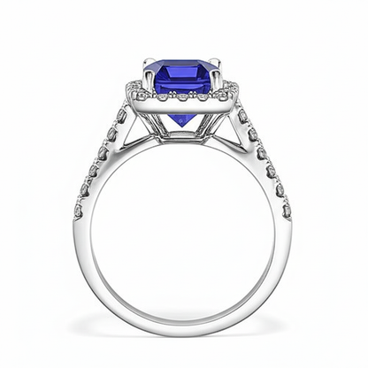 Emerald Cut Blue Sapphire Halo Ring with Natural Earth Mined Diamond 4.25 Carats