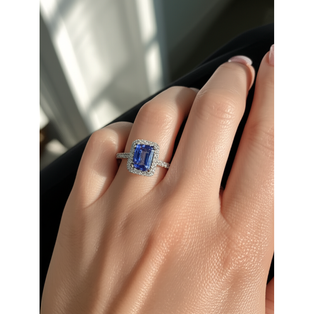 Emerald Cut Blue Sapphire Halo Ring with Natural Earth Mined Diamond 4.25 Carats