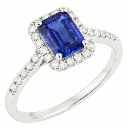 Emerald Cut Blue Sapphire Halo Ring with Natural Earth Mined Diamond 4.25 Carats